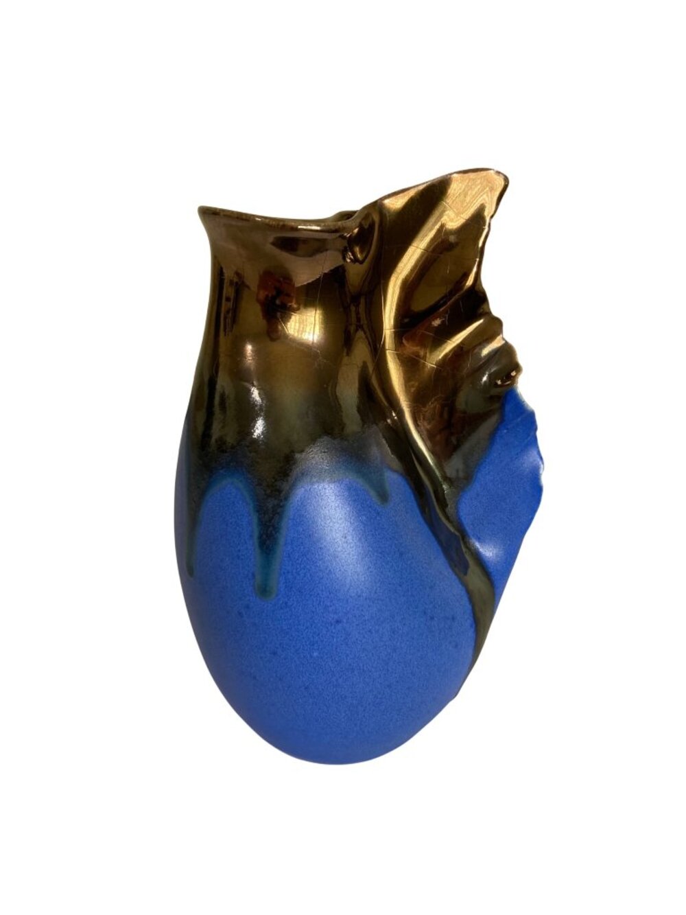 Retsis Bros Pottery Greek Hellas Metallic Golden Bronze And Blue Vase